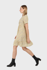 Pale yellow and grey floral V-neck mini dress