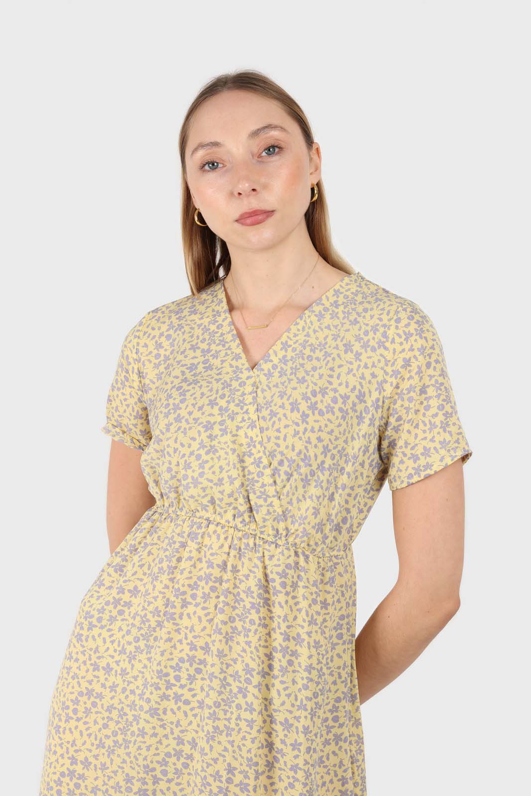 Pale yellow and grey floral V-neck mini dress