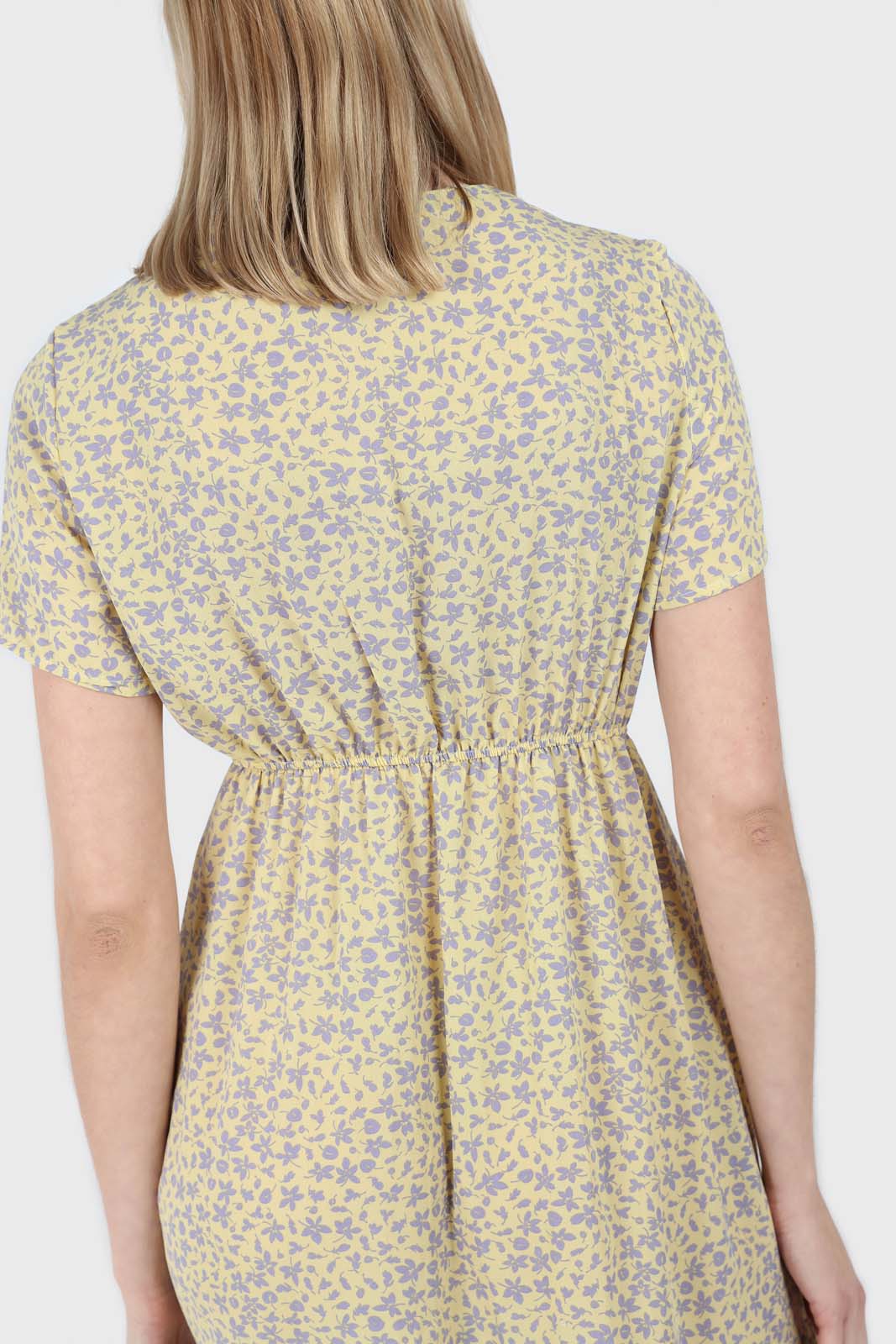 Pale yellow and grey floral V-neck mini dress