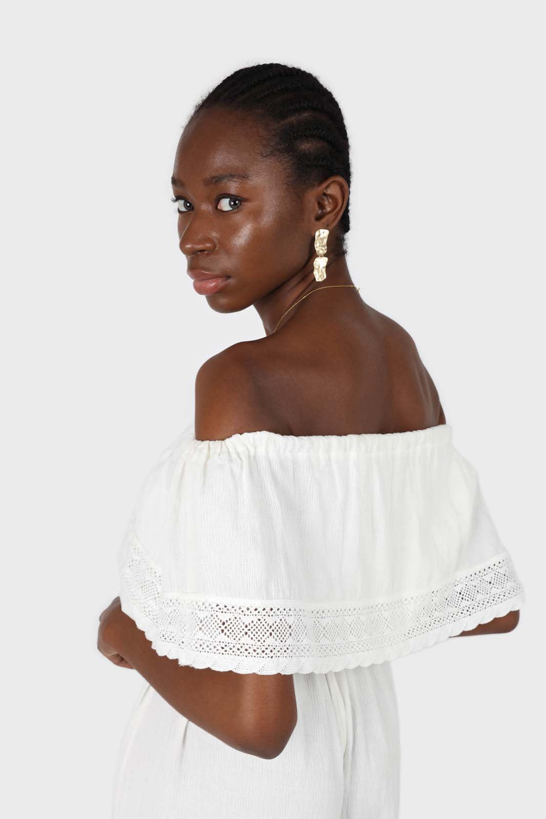 Ivory ruffle off shoulder jumpsuit