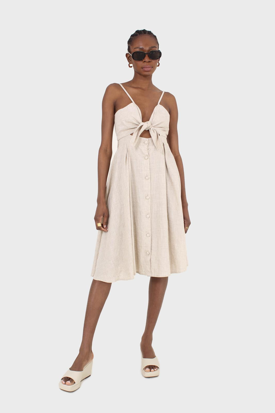 Oatmeal peek tie front linen dress