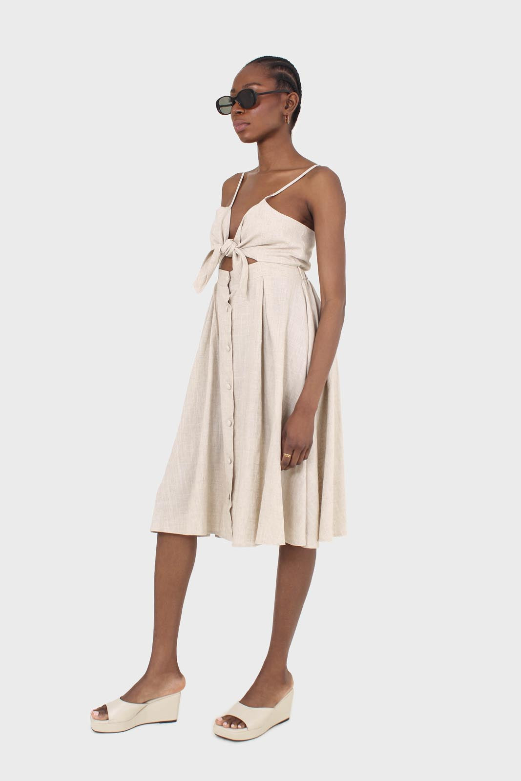 Oatmeal peek tie front linen dress