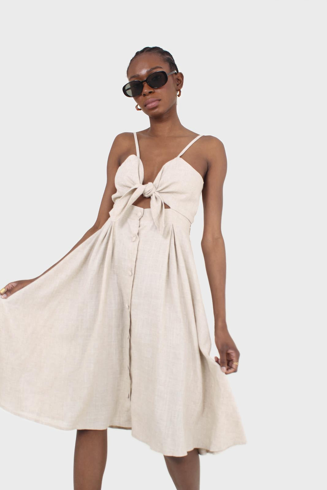 Oatmeal peek tie front linen dress