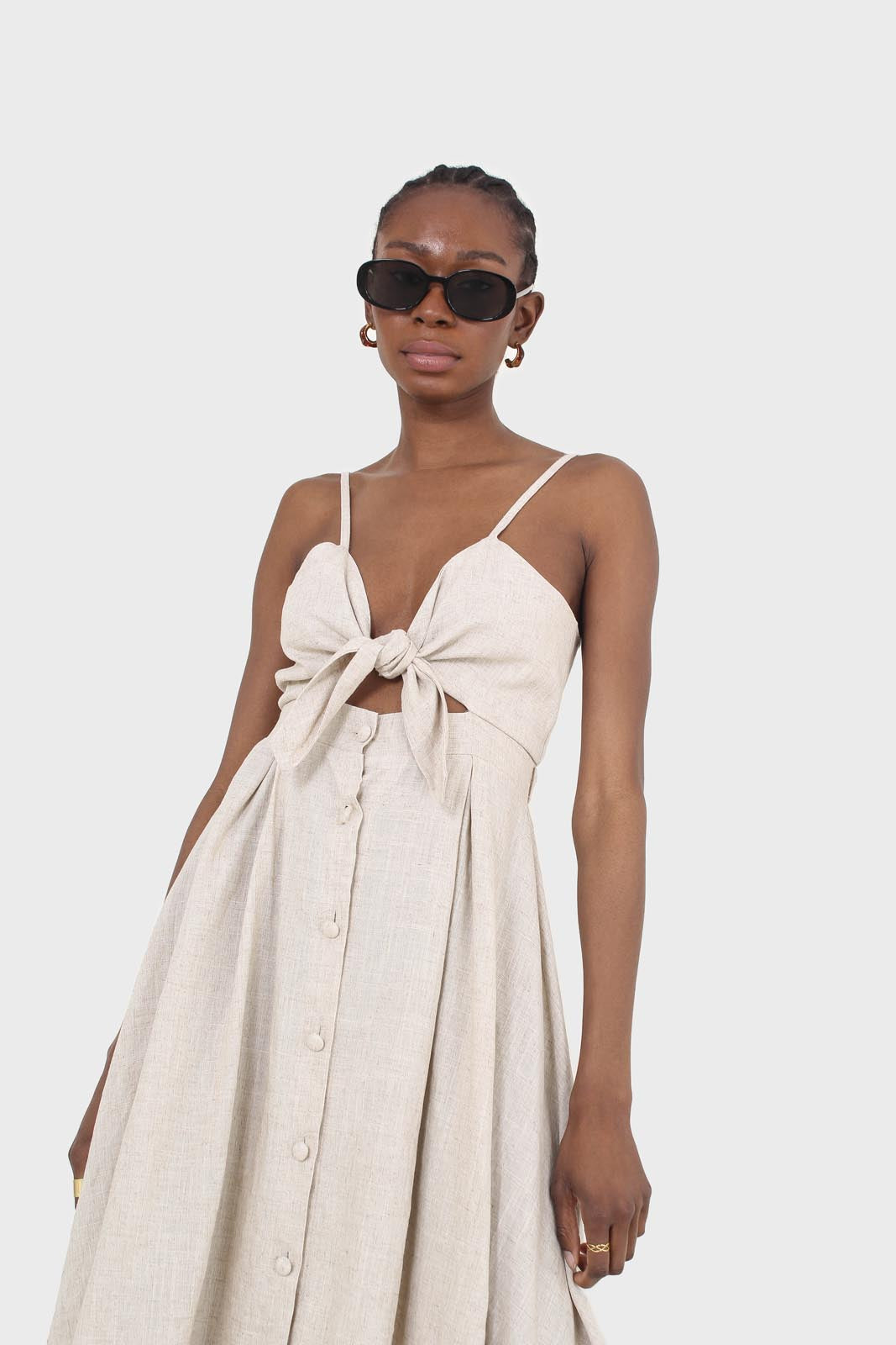 Oatmeal peek tie front linen dress