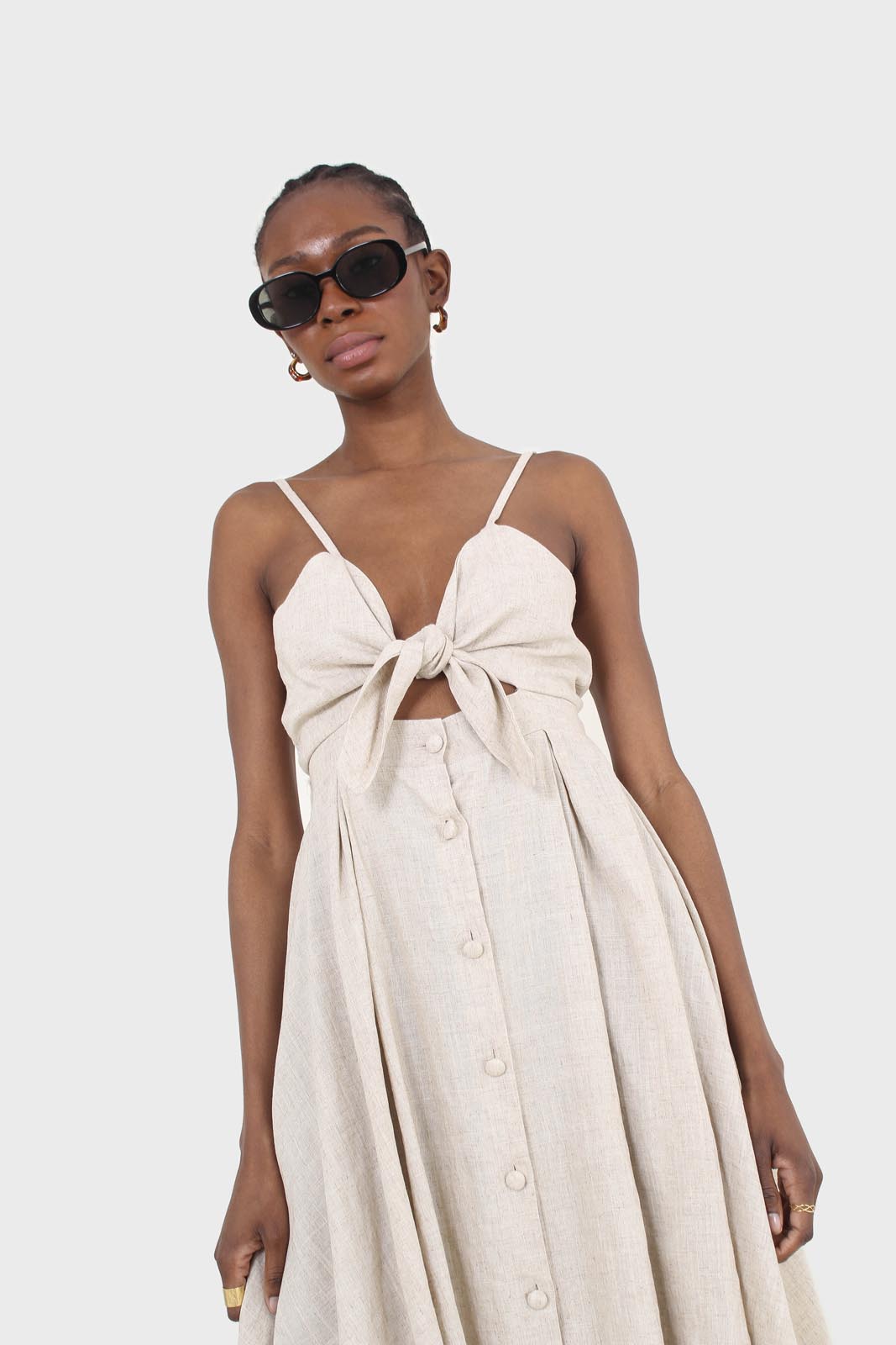 Oatmeal peek tie front linen dress