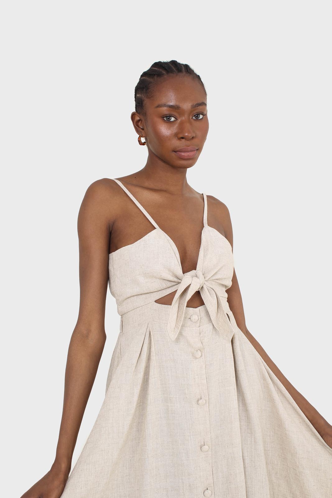 Oatmeal peek tie front linen dress