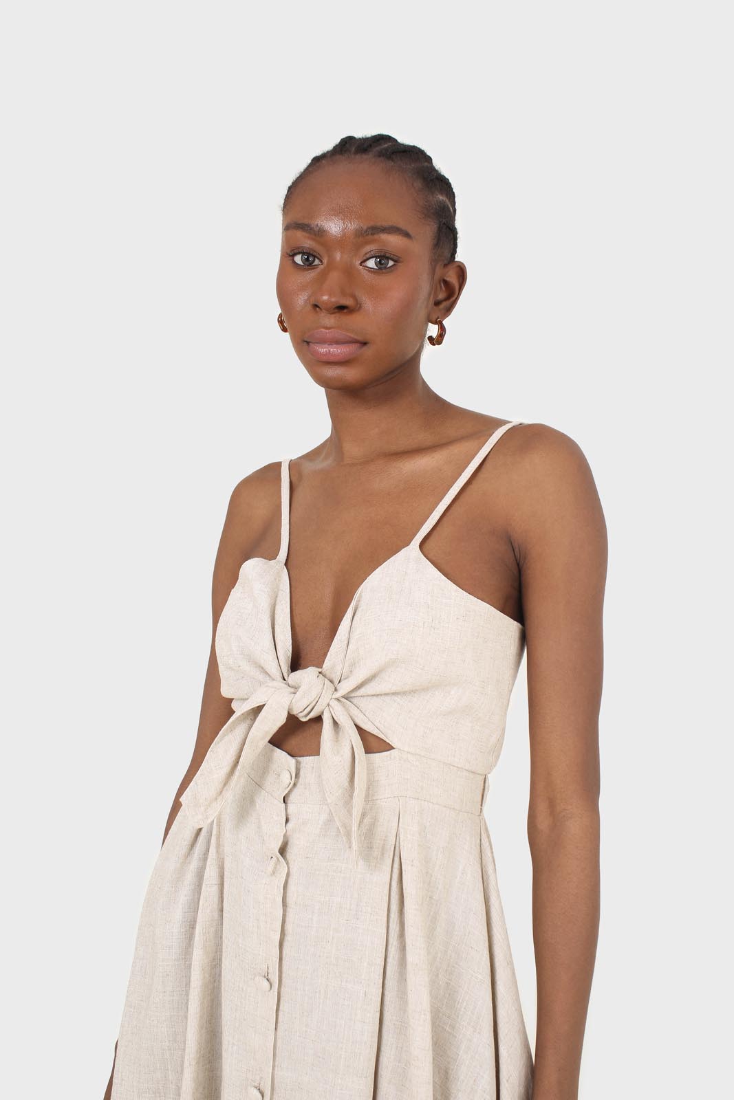 Oatmeal peek tie front linen dress