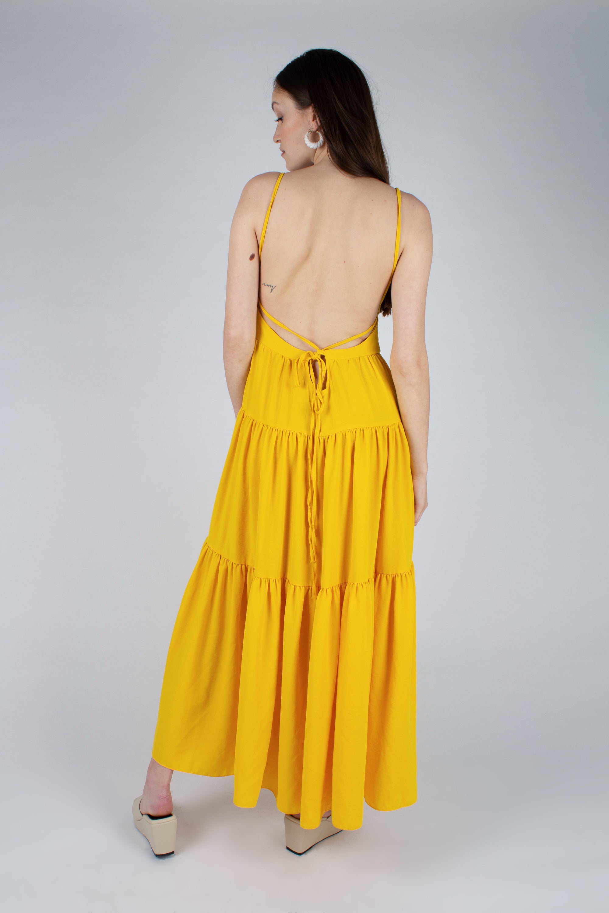 Yellow tiered tie back maxi dress