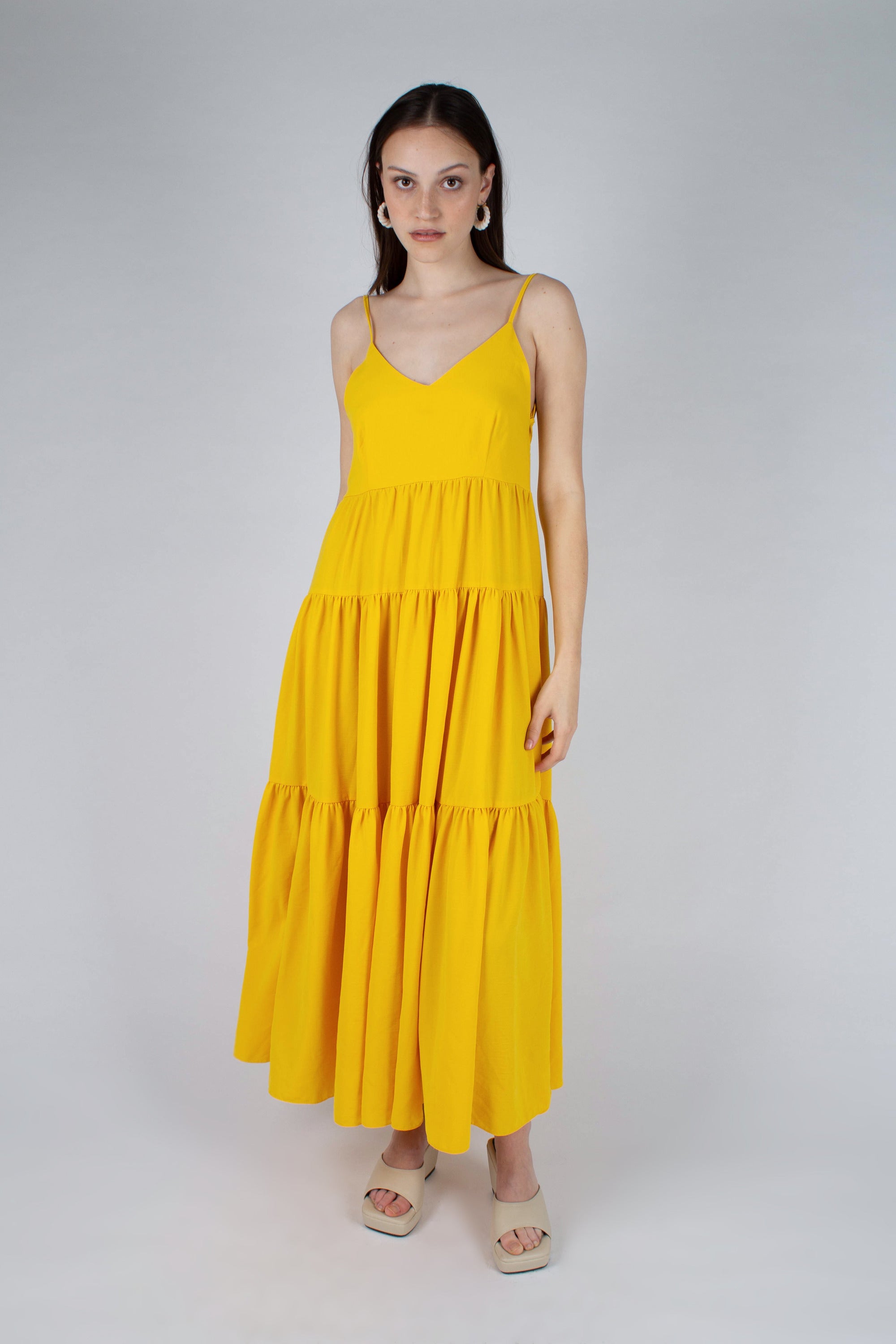 Yellow tiered tie back maxi dress