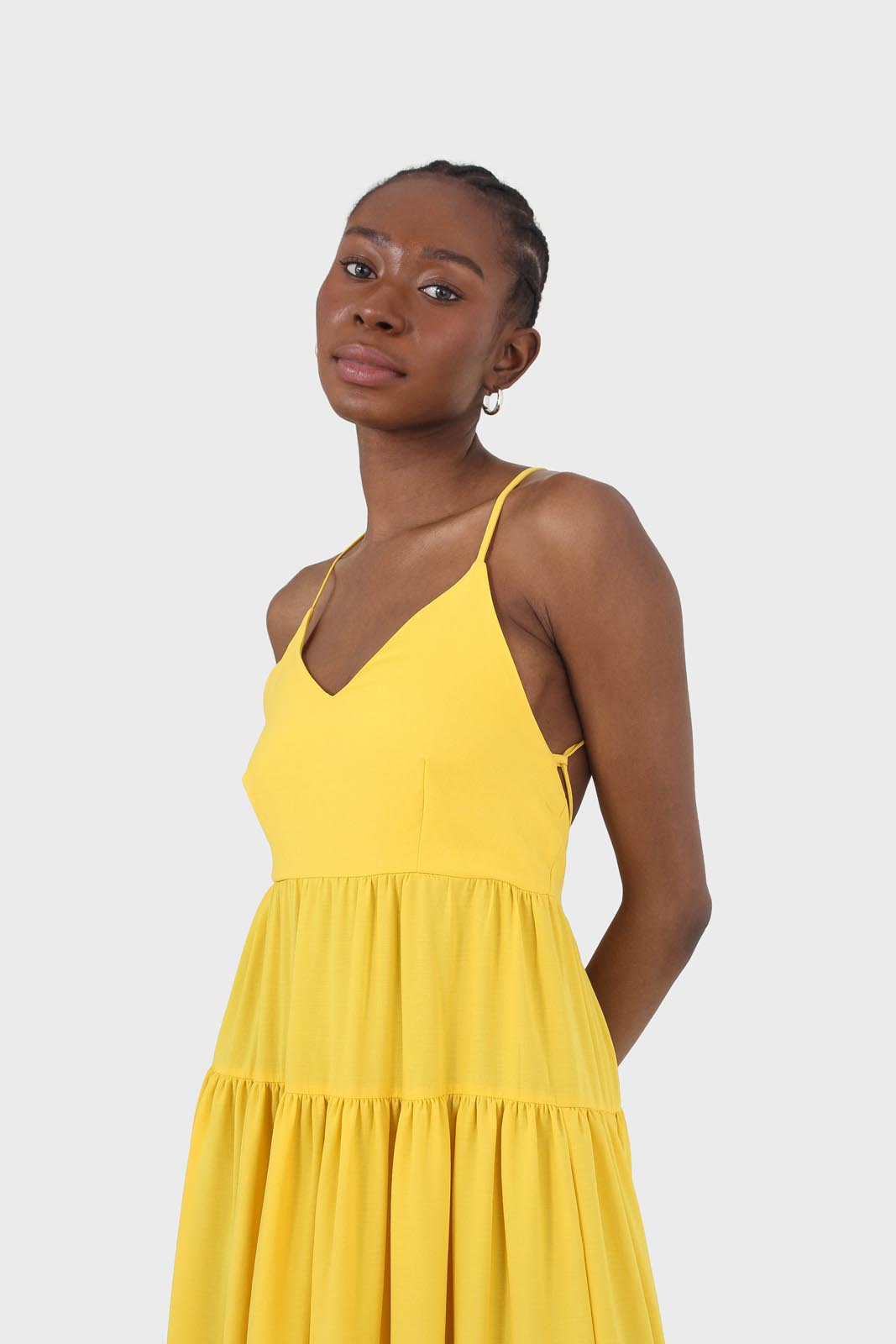 Yellow tiered tie back maxi dress