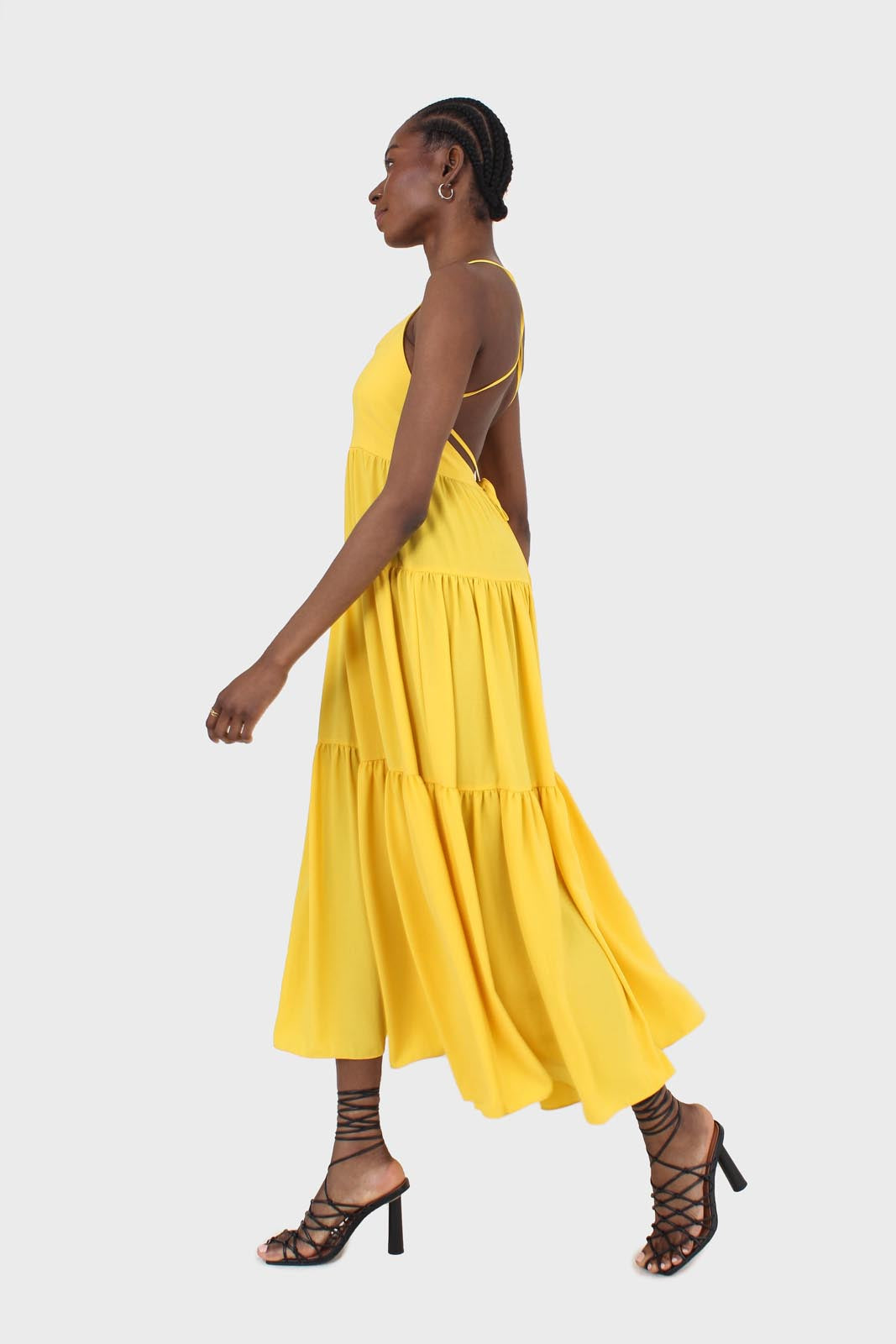 Yellow tiered tie back maxi dress