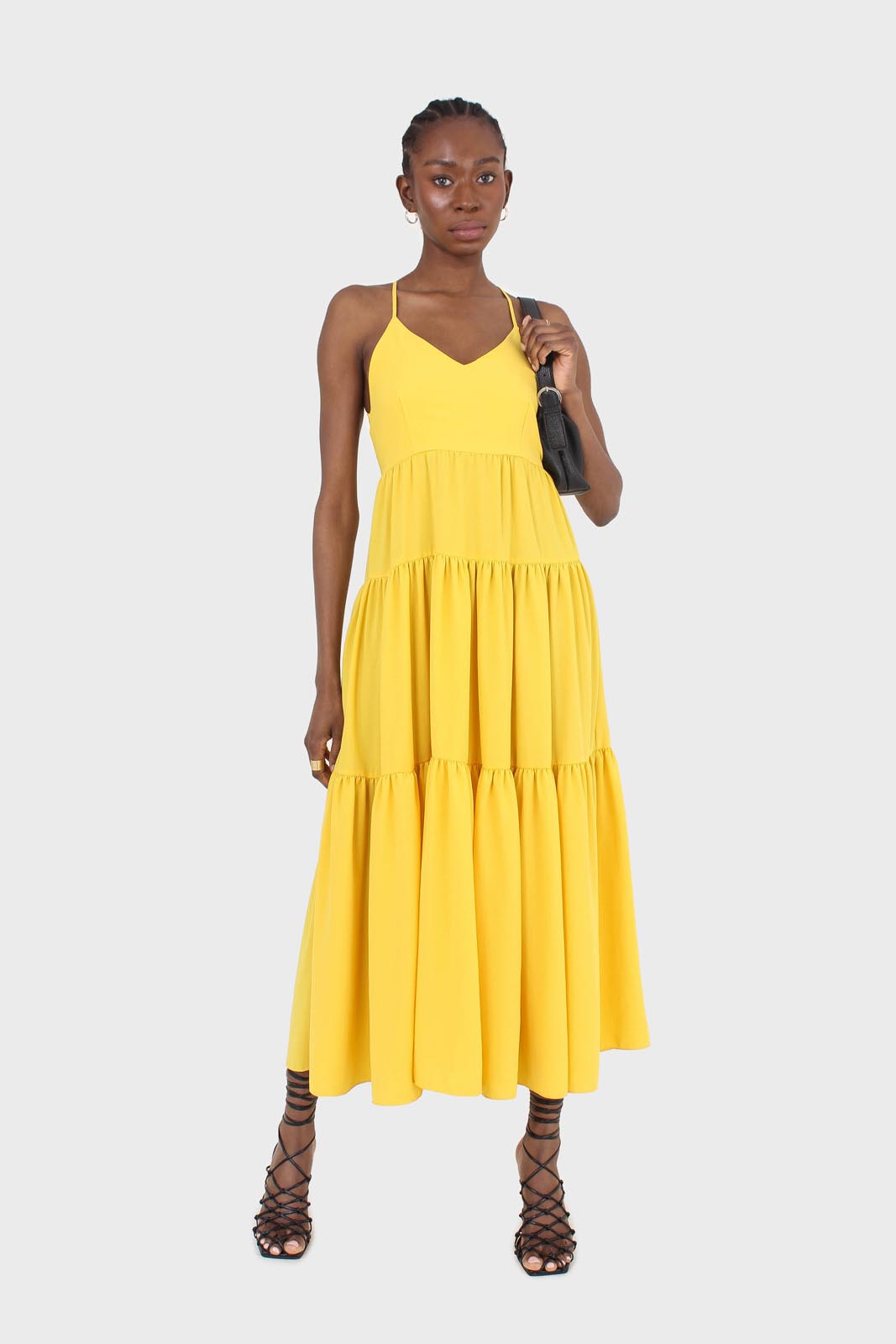 Yellow tiered tie back maxi dress