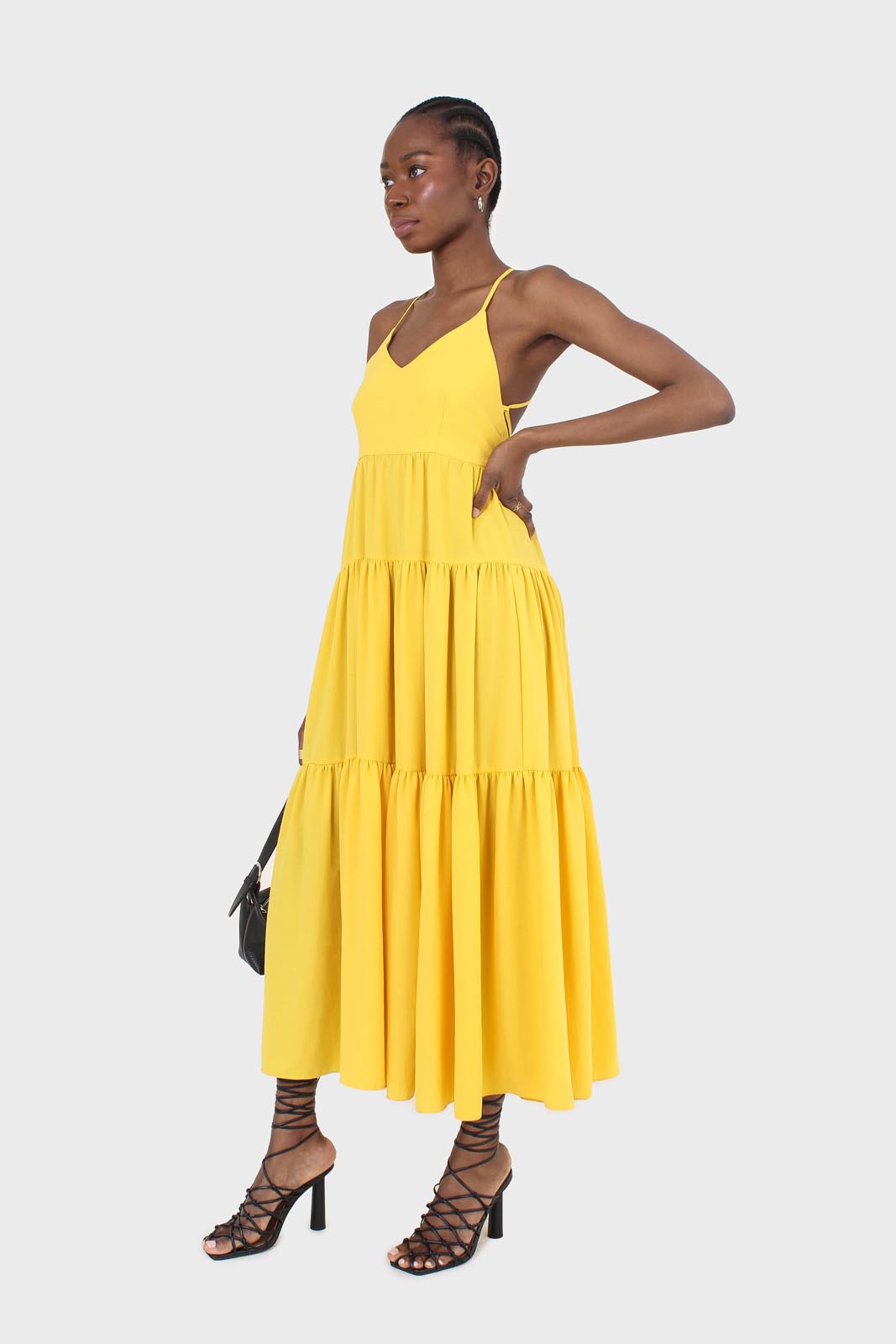 Yellow tiered tie back maxi dress
