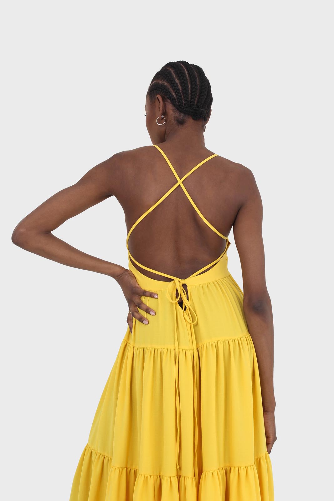 Yellow tiered tie back maxi dress