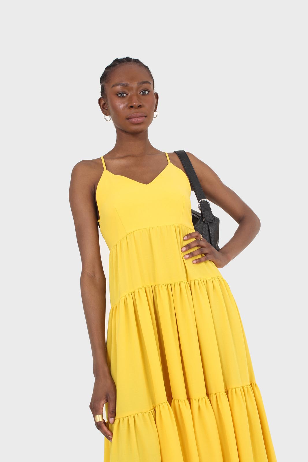 Yellow tiered tie back maxi dress
