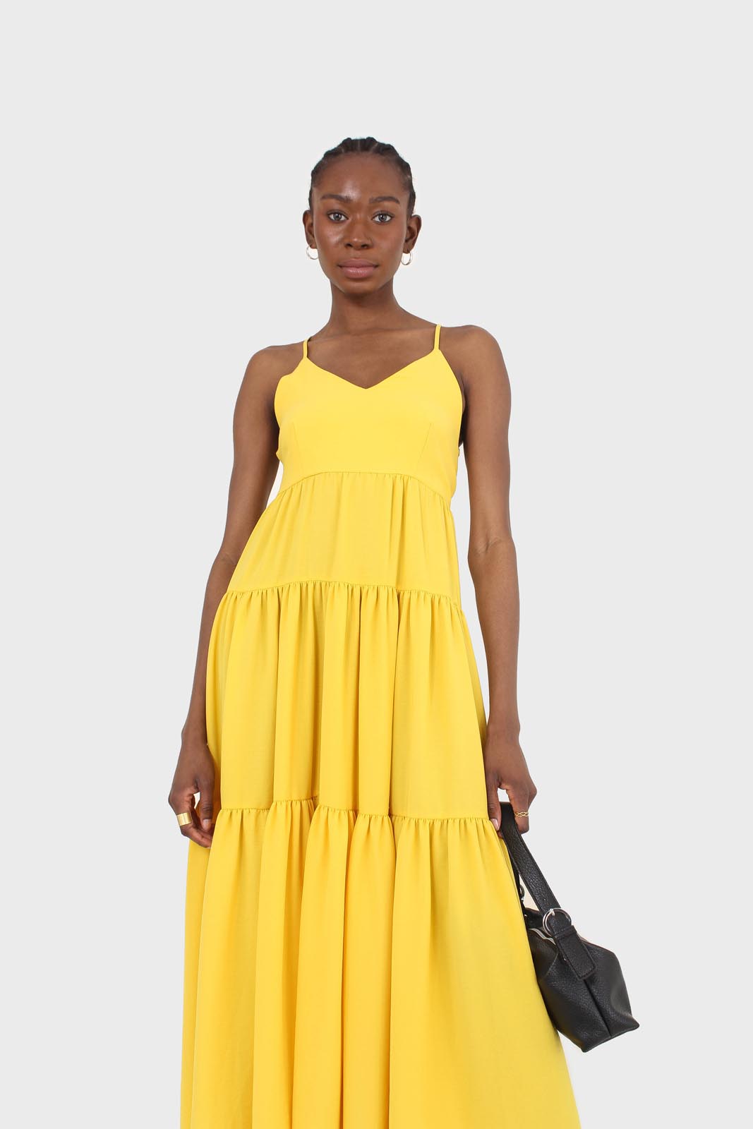 Yellow tiered tie back maxi dress