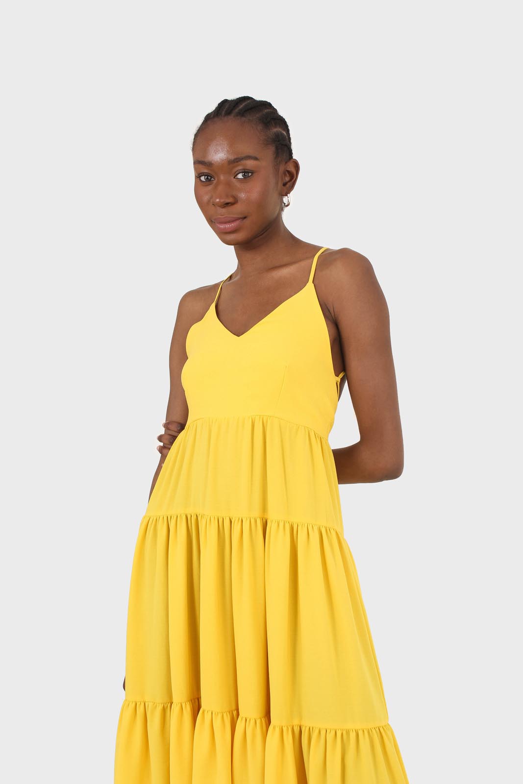 Yellow tiered tie back maxi dress