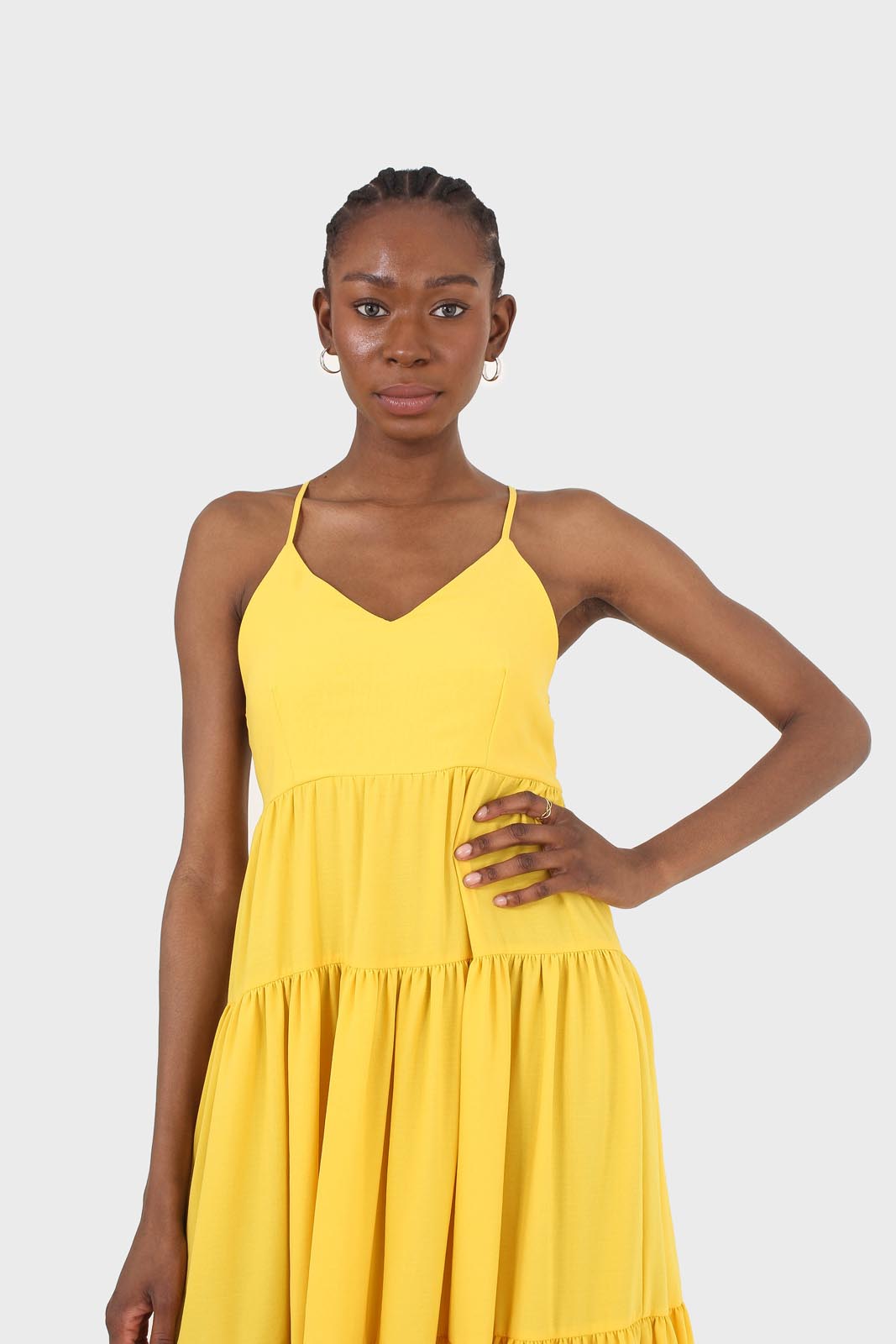 Yellow tiered tie back maxi dress