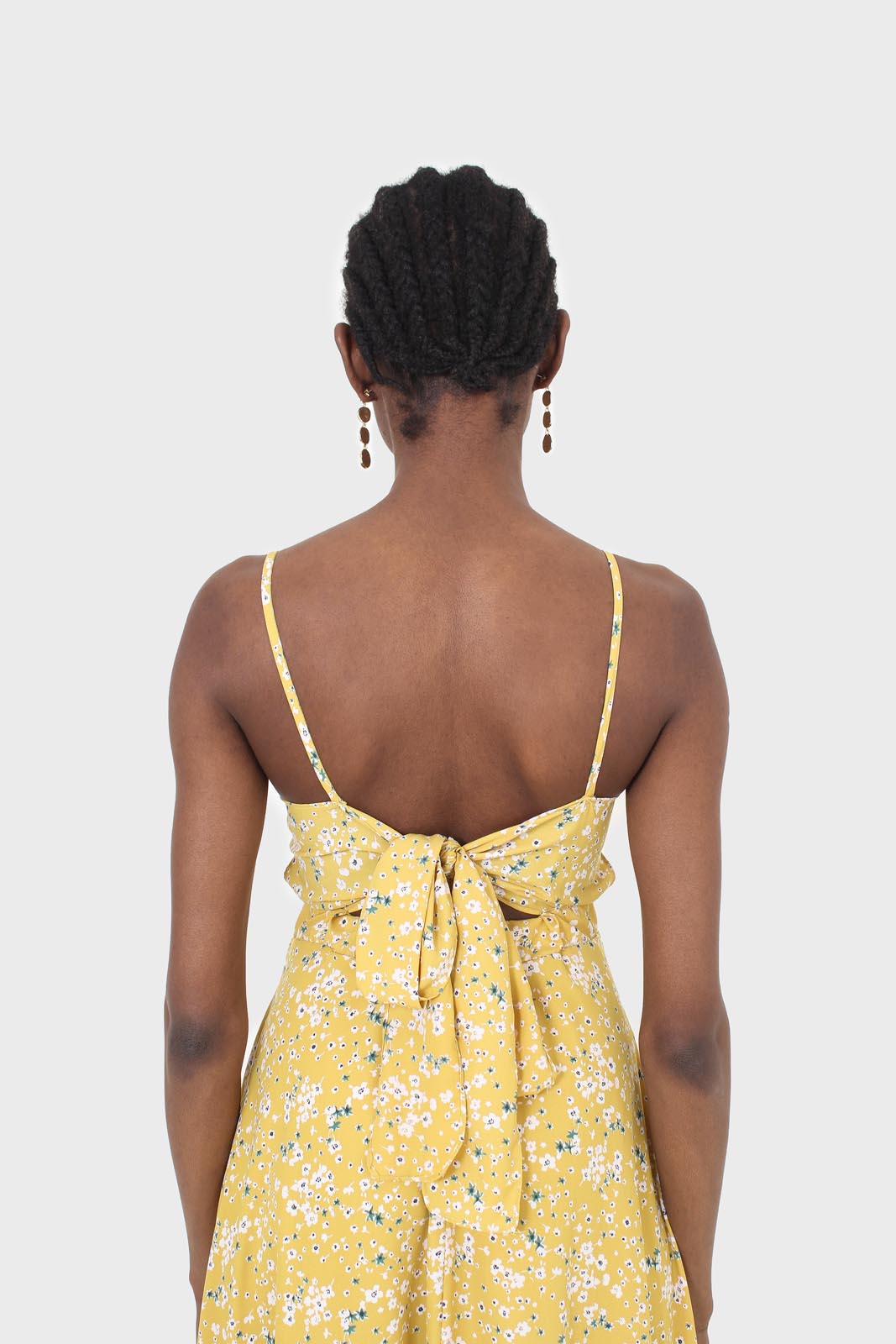 Yellow and white floral ribbon back dress