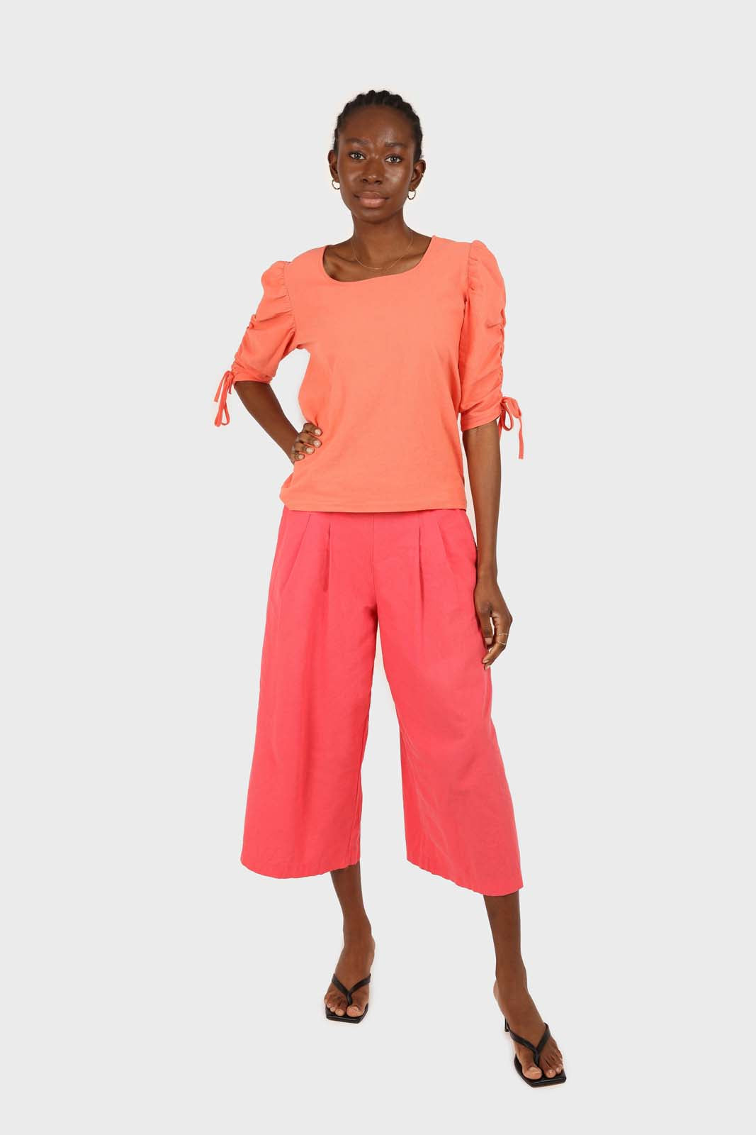 Orange pull string sleeve linen top