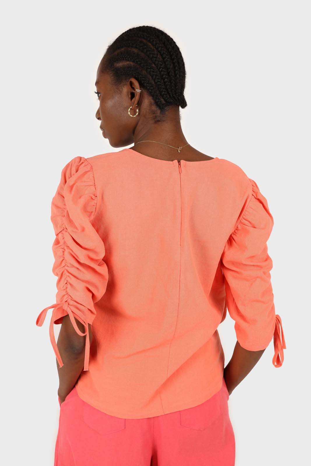 Orange pull string sleeve linen top