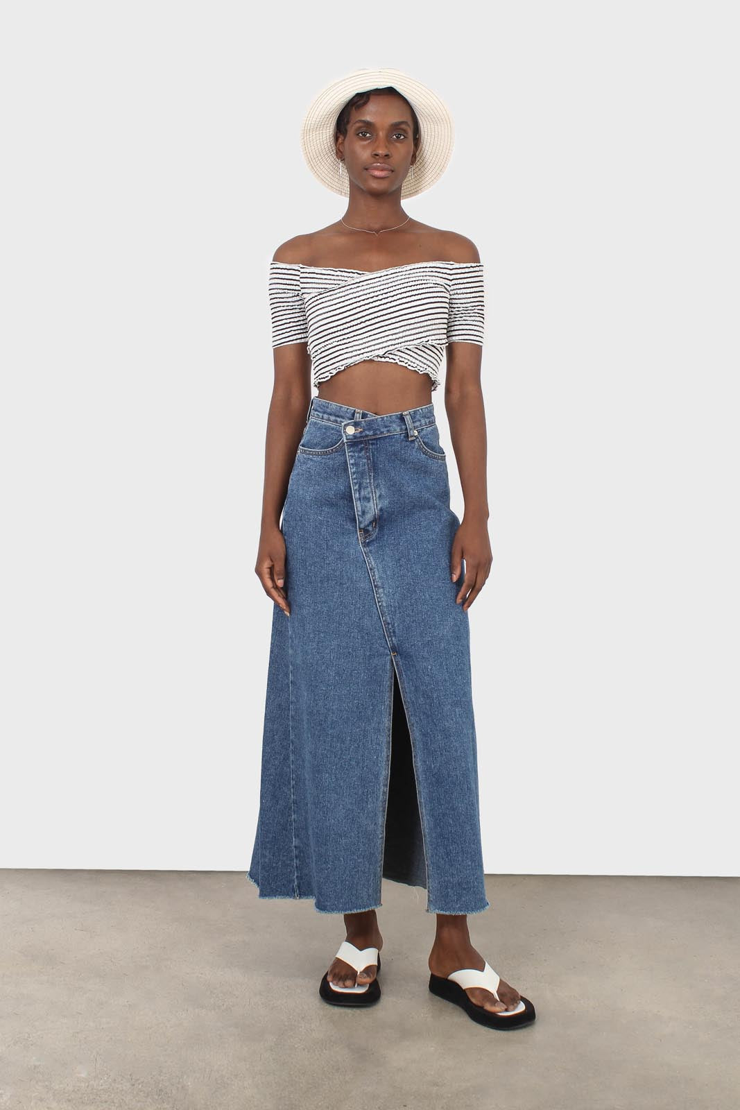 Black and white stripe ruched cropped off shoulder tee