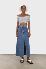 Black and white stripe ruched cropped off shoulder tee