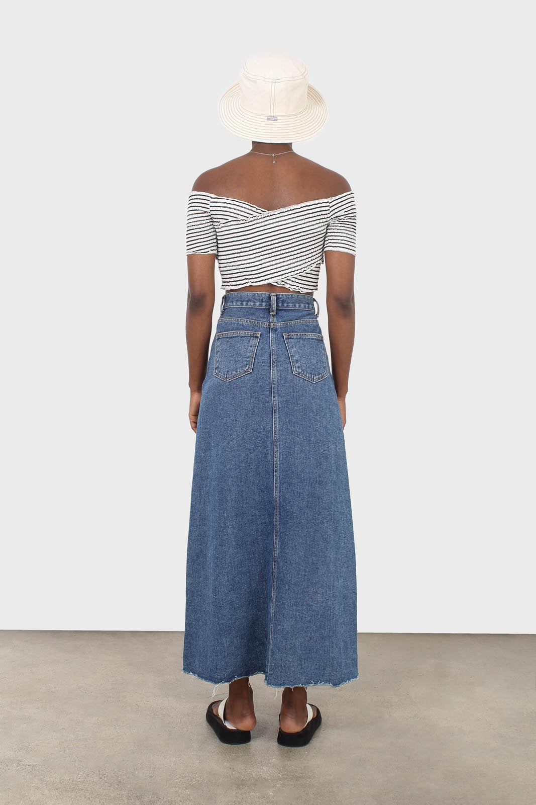 Black and white stripe ruched cropped off shoulder tee