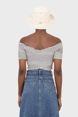 Black and white stripe ruched cropped off shoulder tee