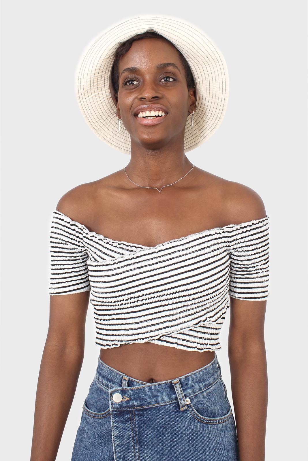 Black and white stripe ruched cropped off shoulder tee