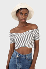 Black and white stripe ruched cropped off shoulder tee