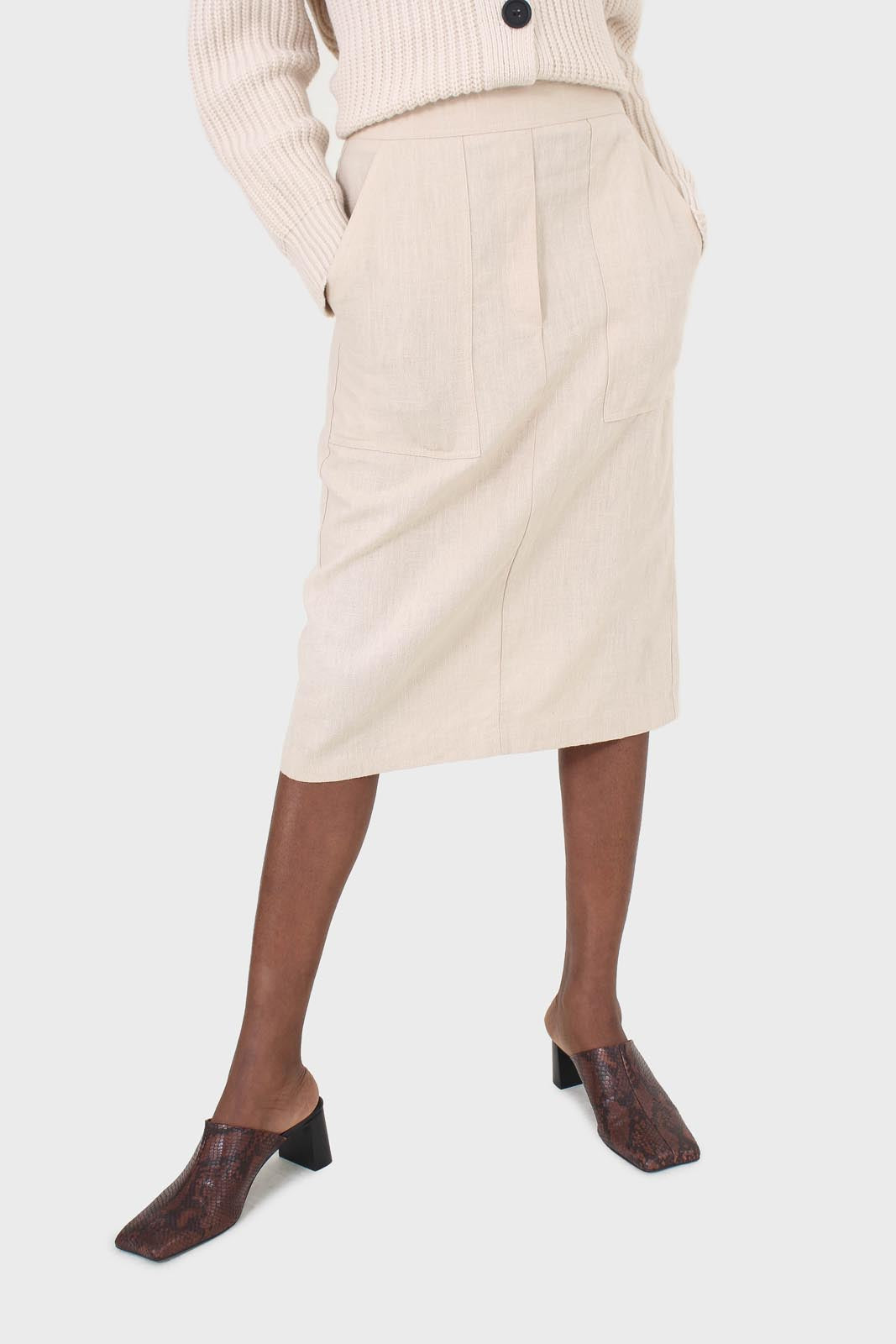 Beige patch pocket linen midi skirt