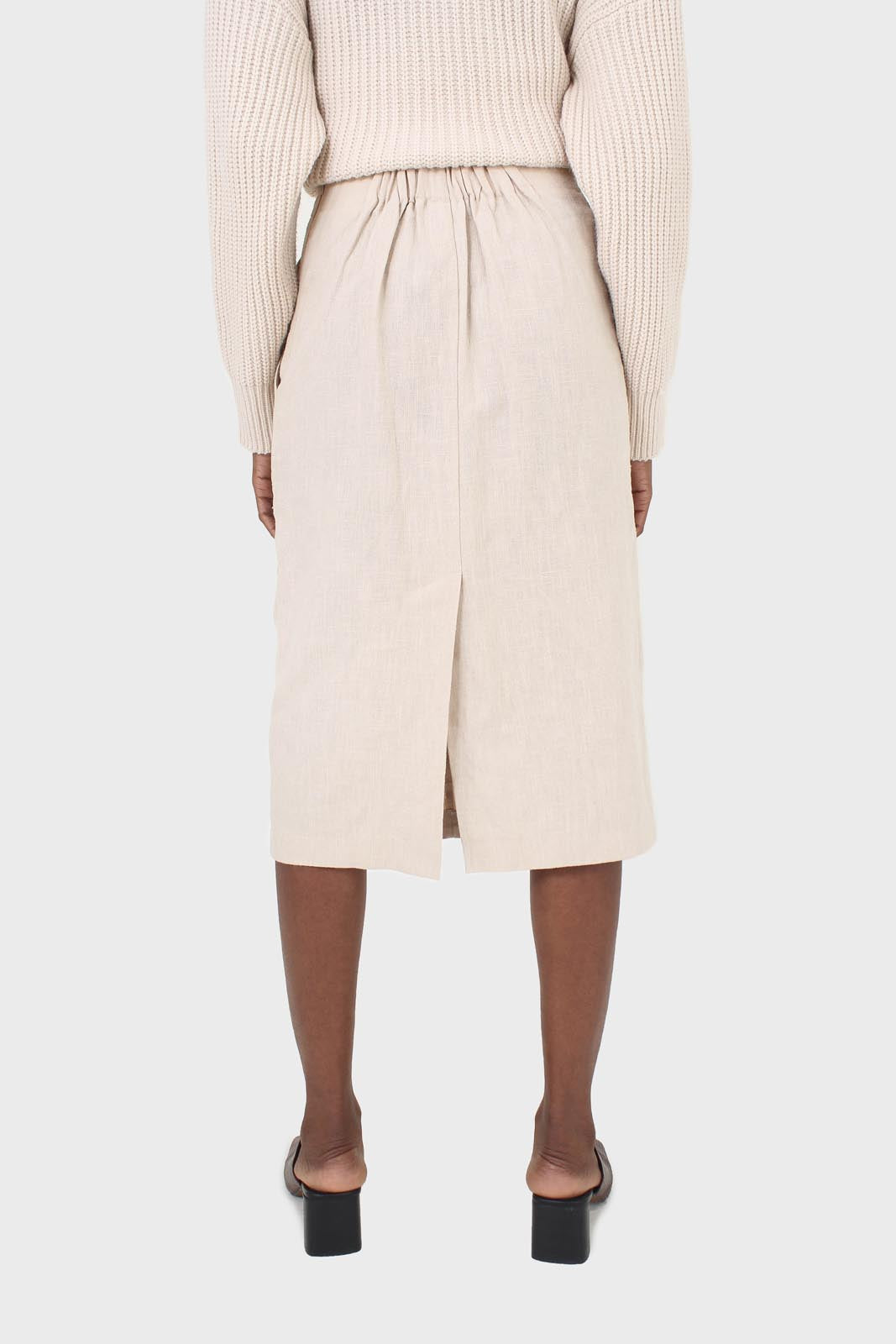 Beige patch pocket linen midi skirt