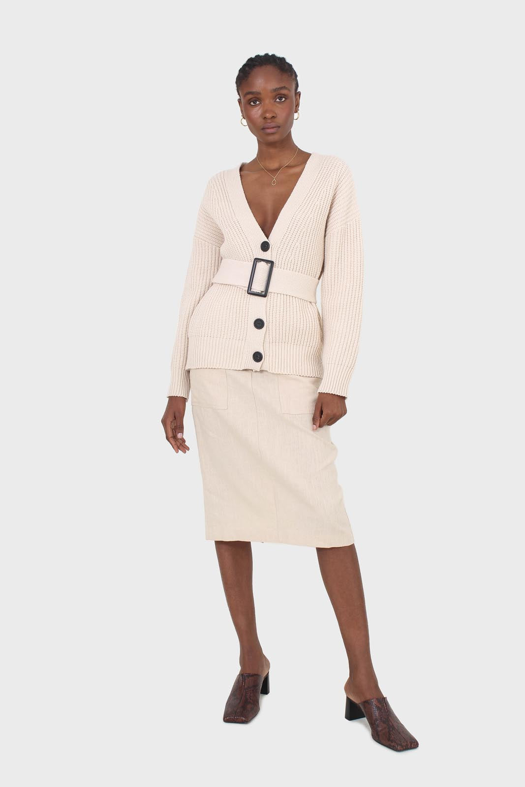 Beige patch pocket linen midi skirt