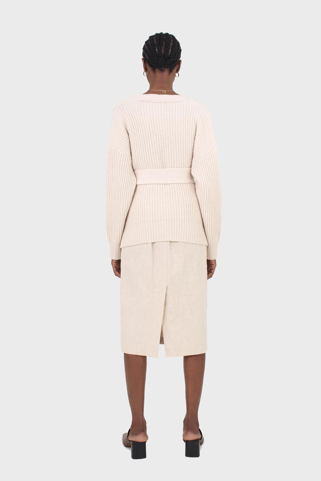 Beige patch pocket linen midi skirt