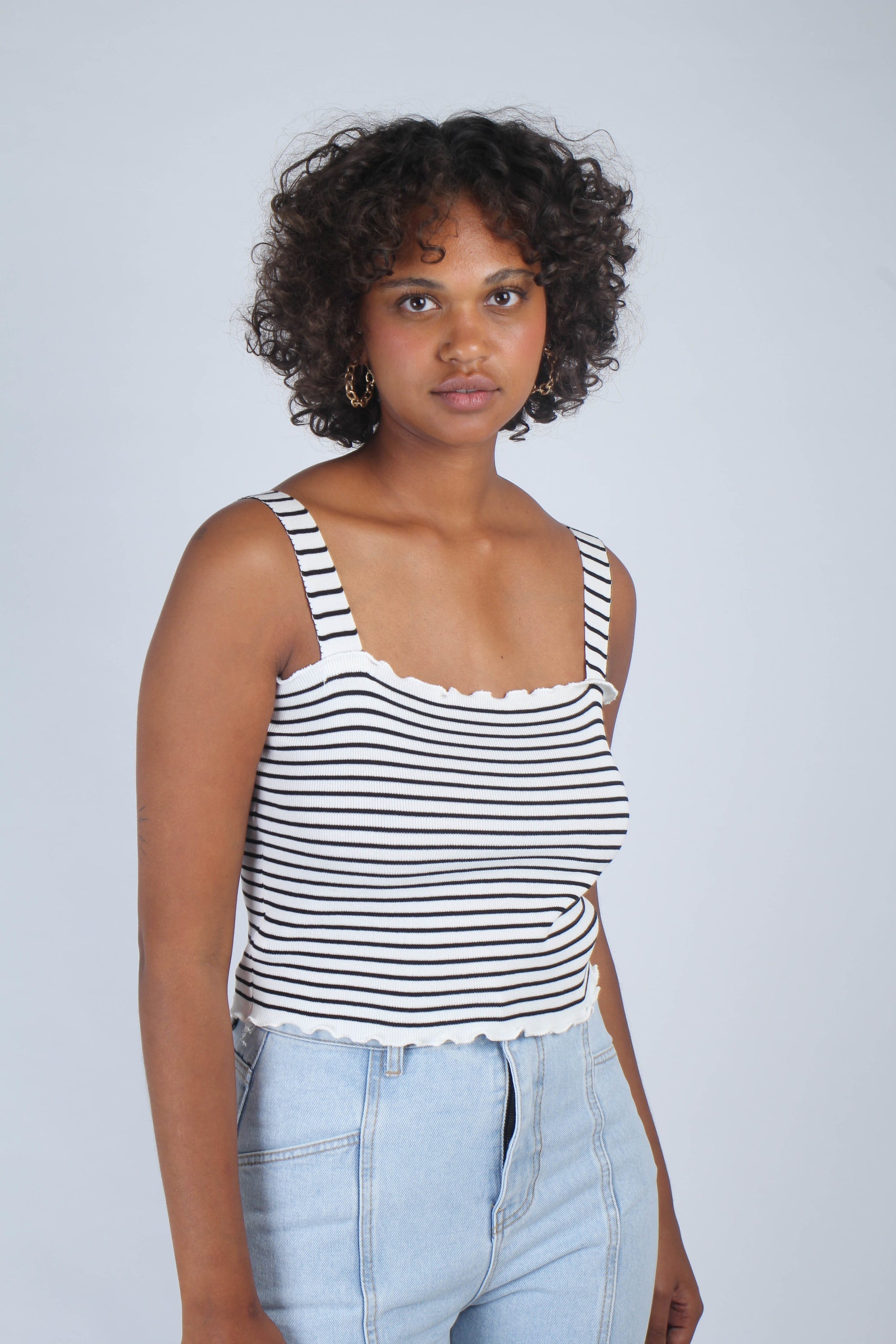 Ivory and black striped frill trim knit tank