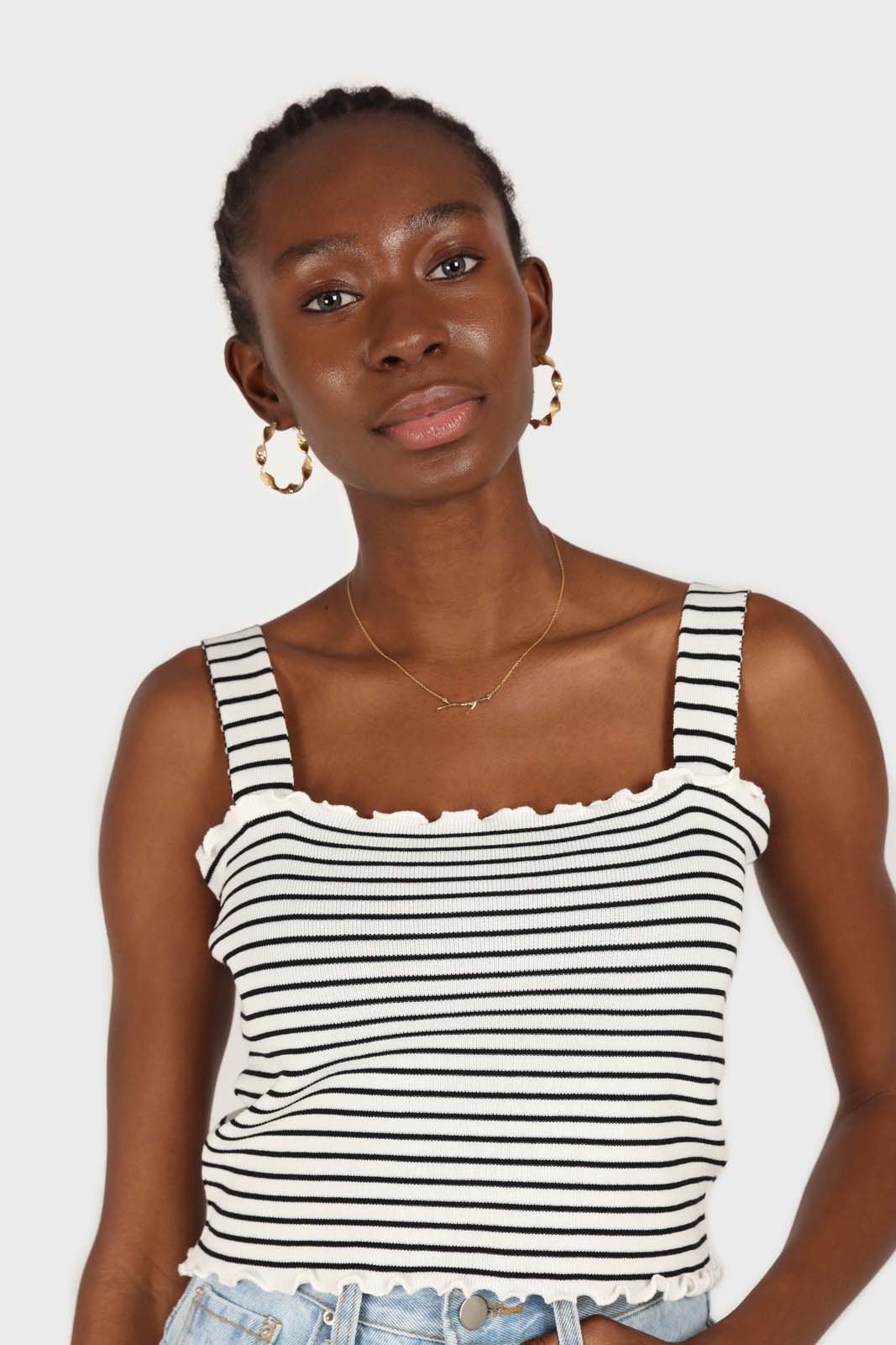 Ivory and black striped frill trim knit tank