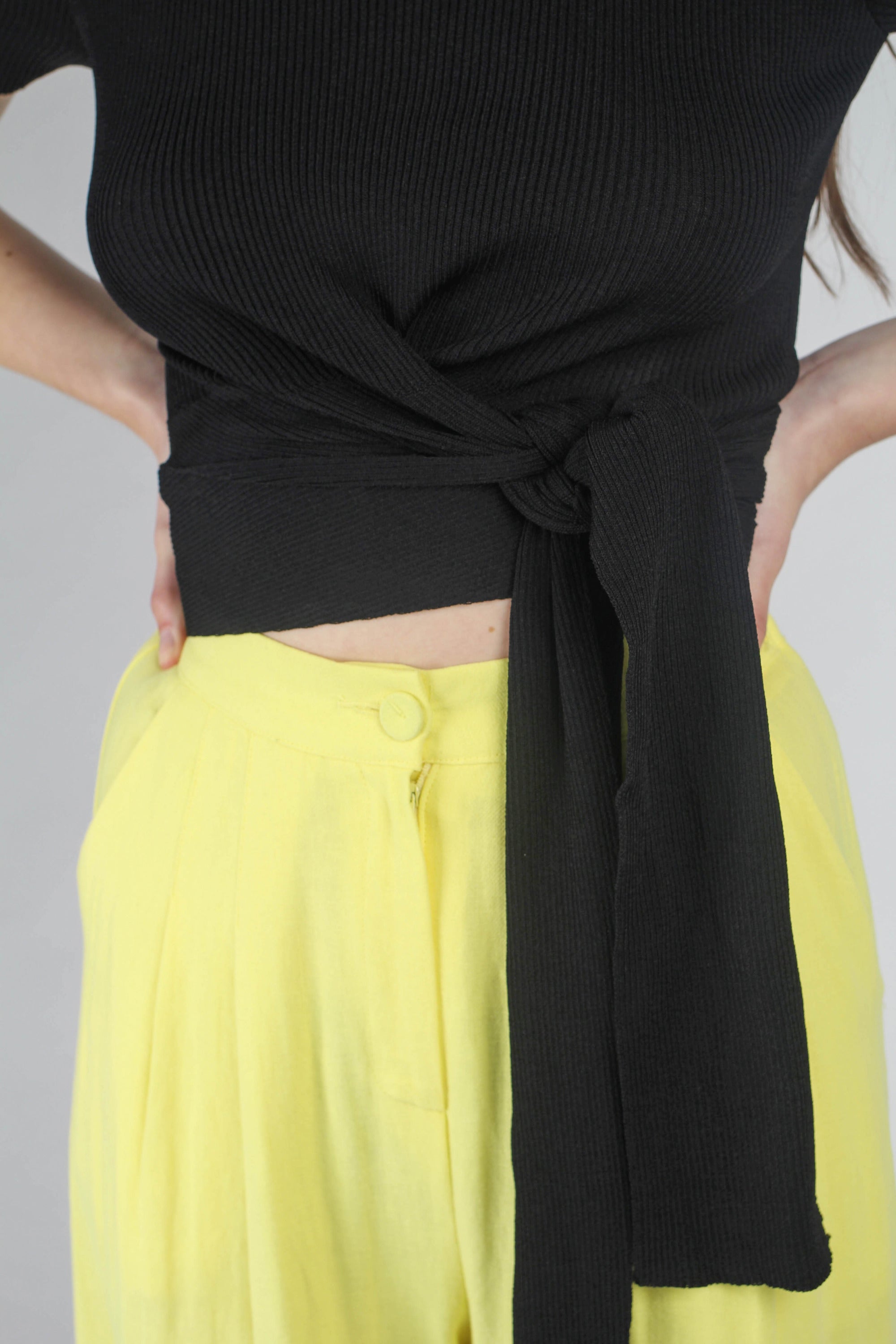 Bright yellow herringbone linen wide trousers
