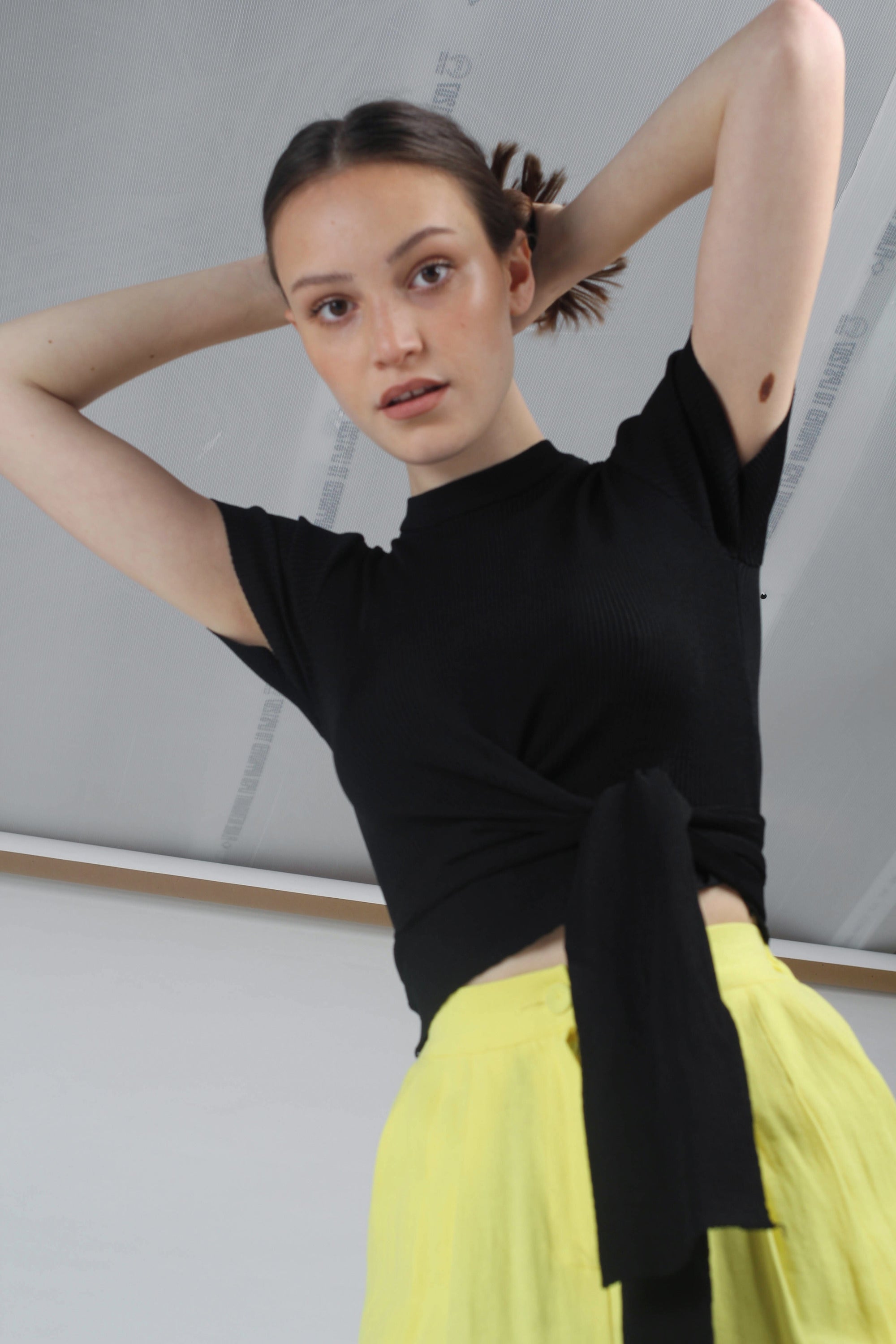 Bright yellow herringbone linen wide trousers