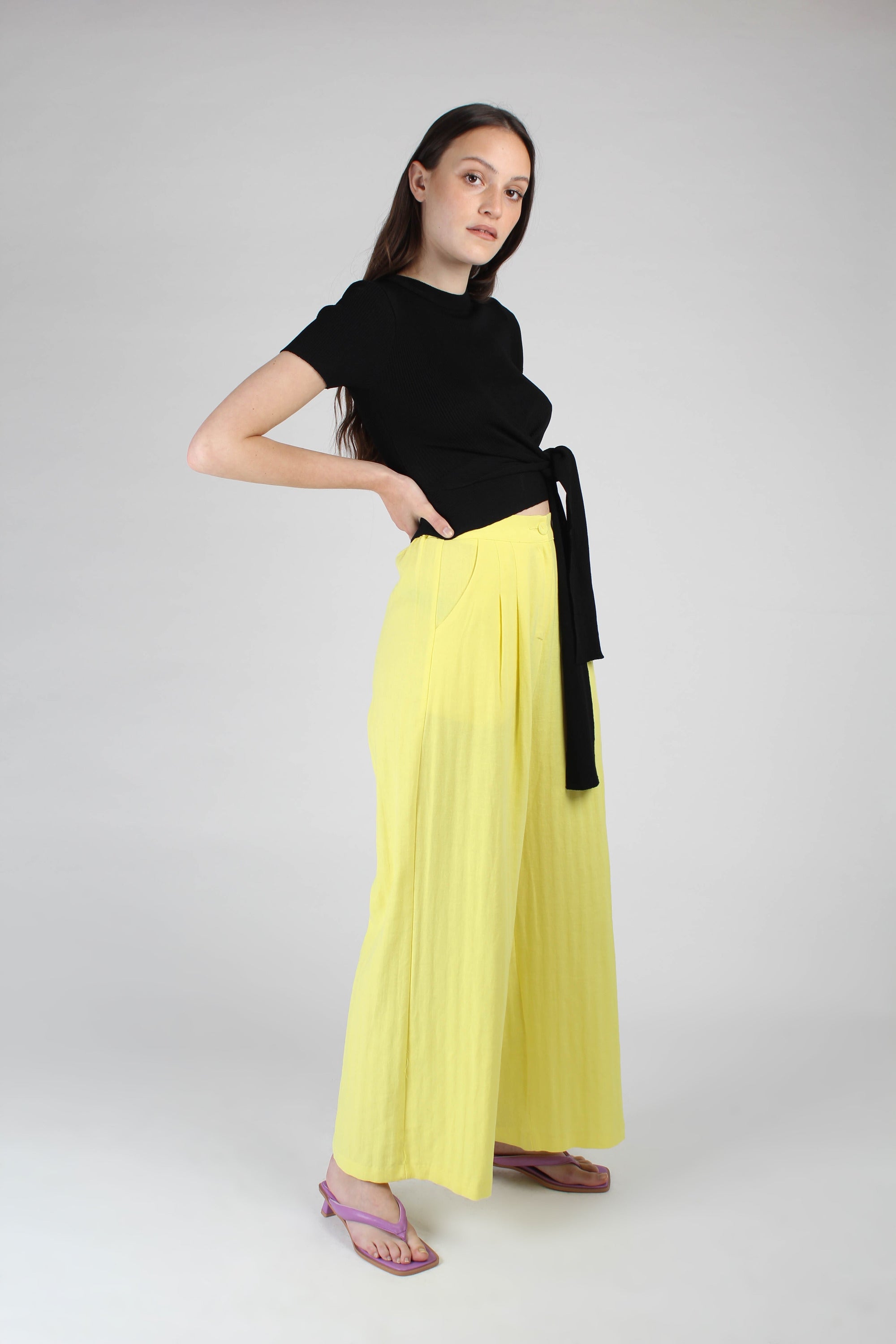 Bright yellow herringbone linen wide trousers