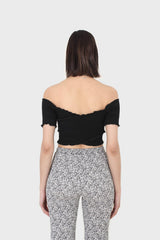 Black ruched cropped off shoulder tee