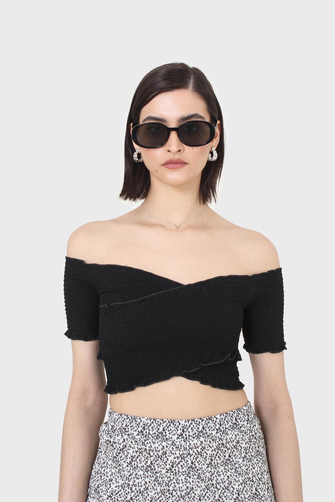 Black ruched cropped off shoulder tee