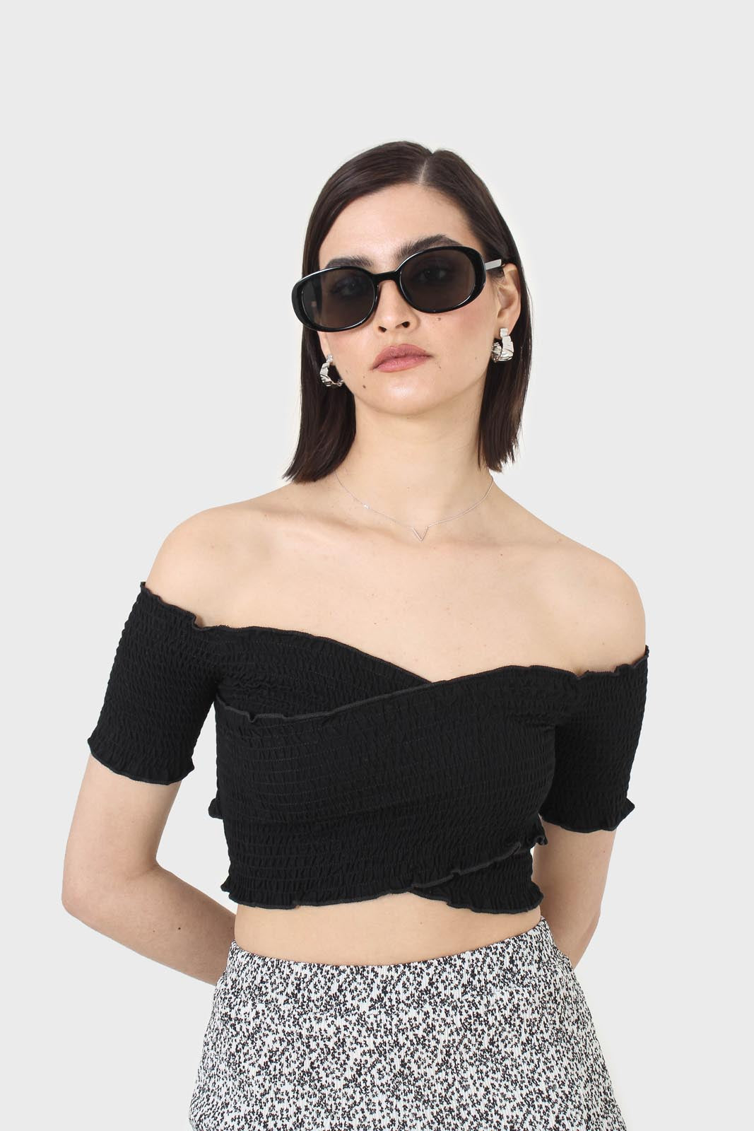 Black ruched cropped off shoulder tee