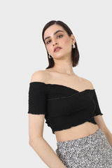 Black ruched cropped off shoulder tee