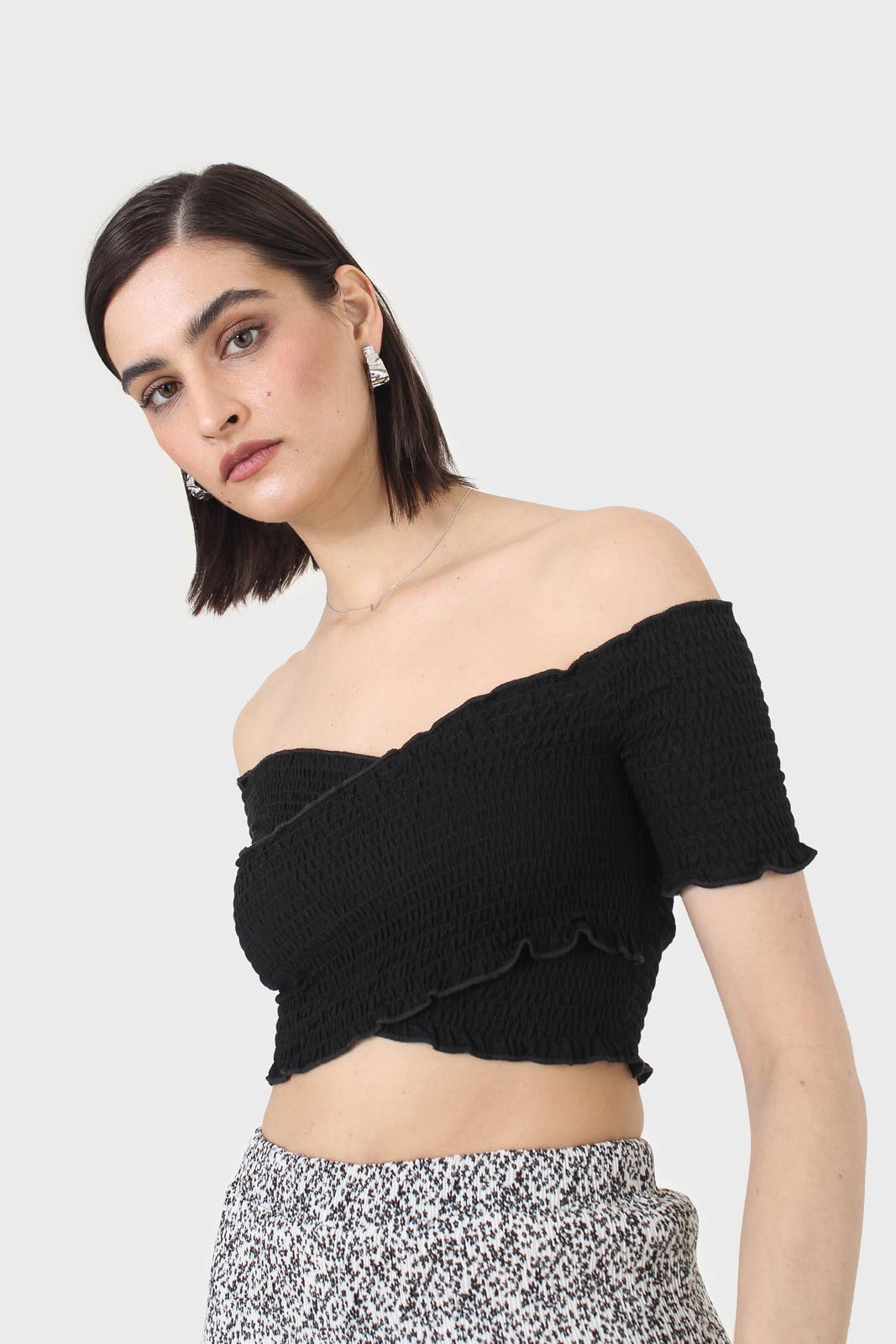 Black ruched cropped off shoulder tee