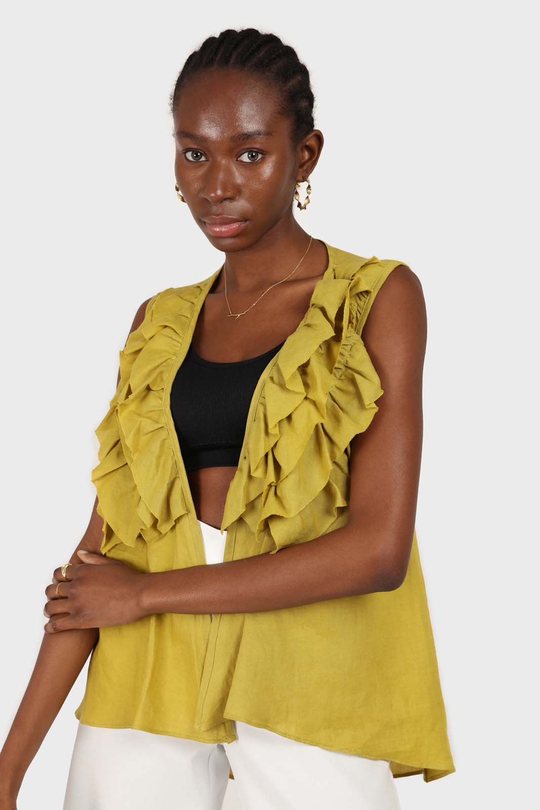 Green linen layered ruffle sleeveless wrap top