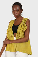Green linen layered ruffle sleeveless wrap top
