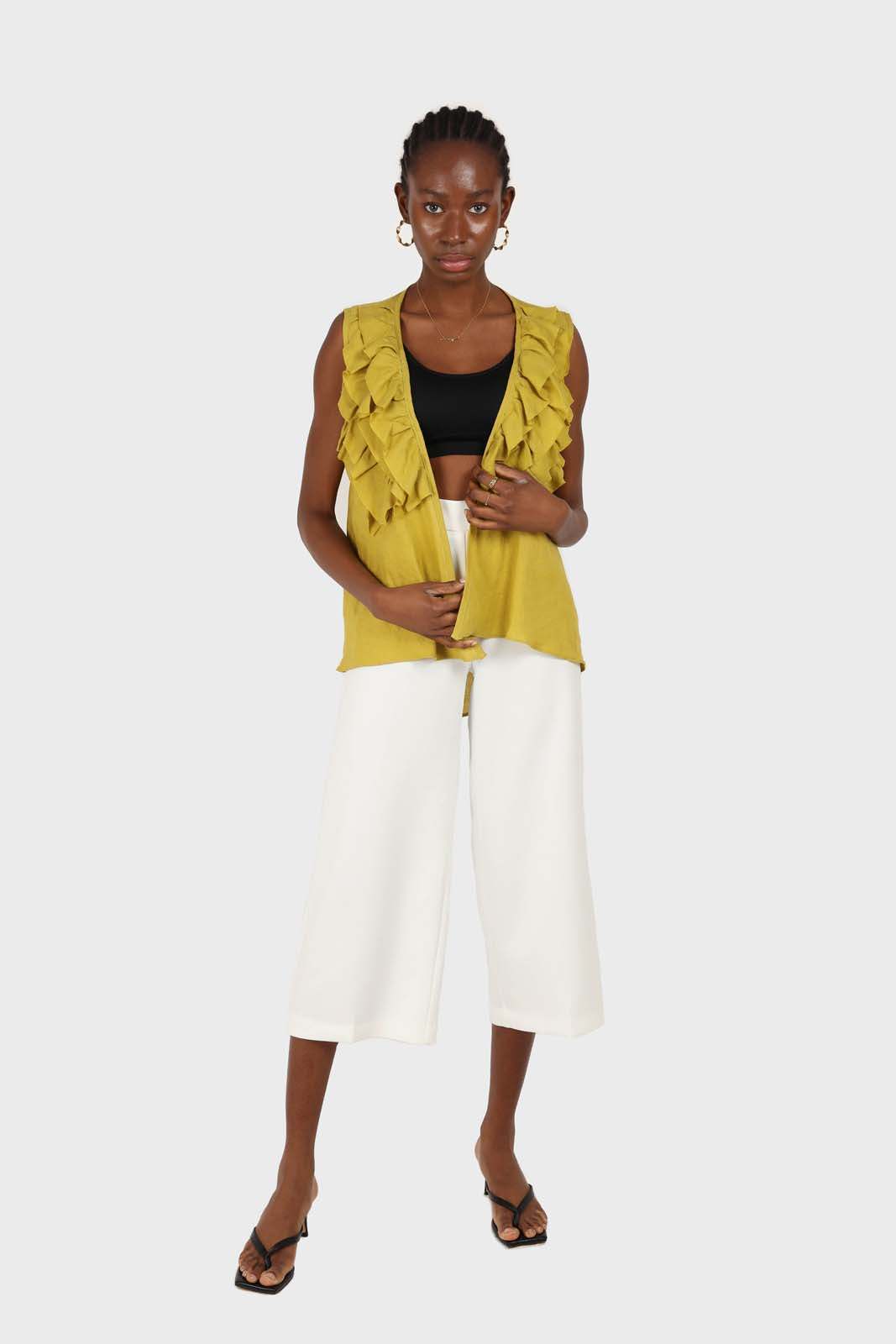 Green linen layered ruffle sleeveless wrap top