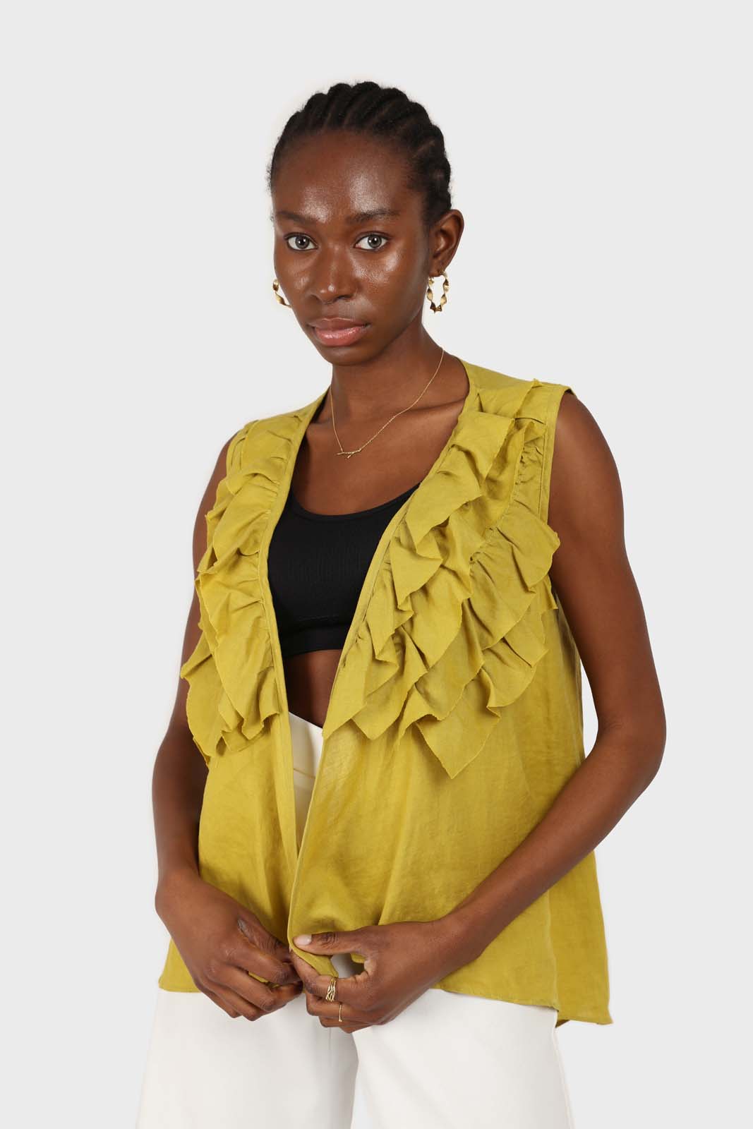 Green linen layered ruffle sleeveless wrap top