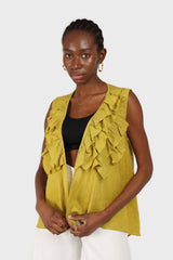 Green linen layered ruffle sleeveless wrap top